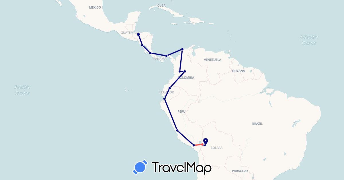TravelMap itinerary: driving, hiking in Bolivia, Colombia, Costa Rica, Ecuador, Honduras, Nicaragua, Panama, Peru (North America, South America)